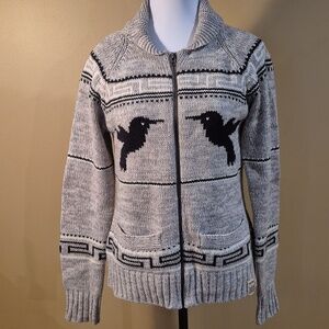 TRIPLE FIVE SOUL Gray Full Zip Cowichan- Inspired Knit Cardigan with Bird Design